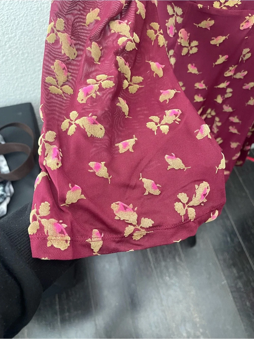 Betsey Johnson Burgundy Floral Long-Sleeve Mesh Midi Dress - Picture 8 of 8